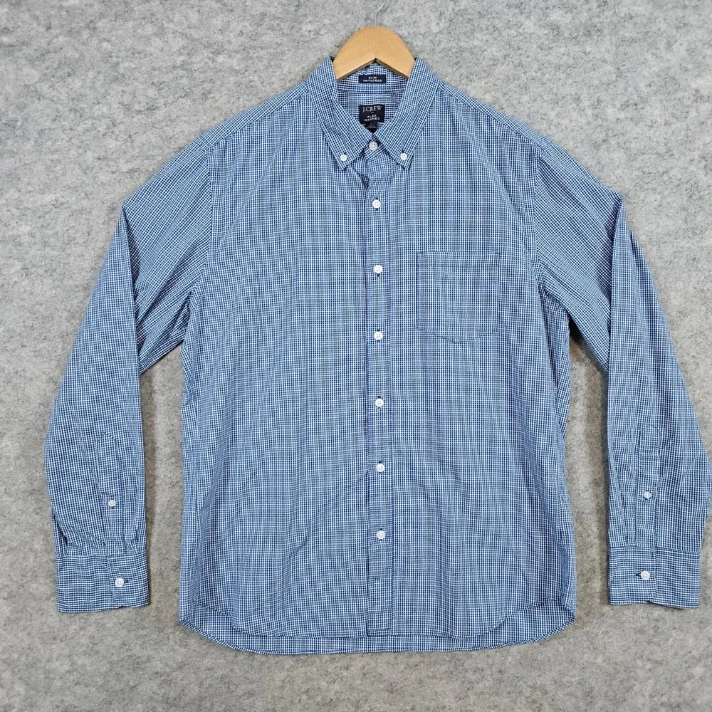 J Crew‎ Men's Slim Untucked Flex Washed Blue & White Mini-Checked Shirt Size L